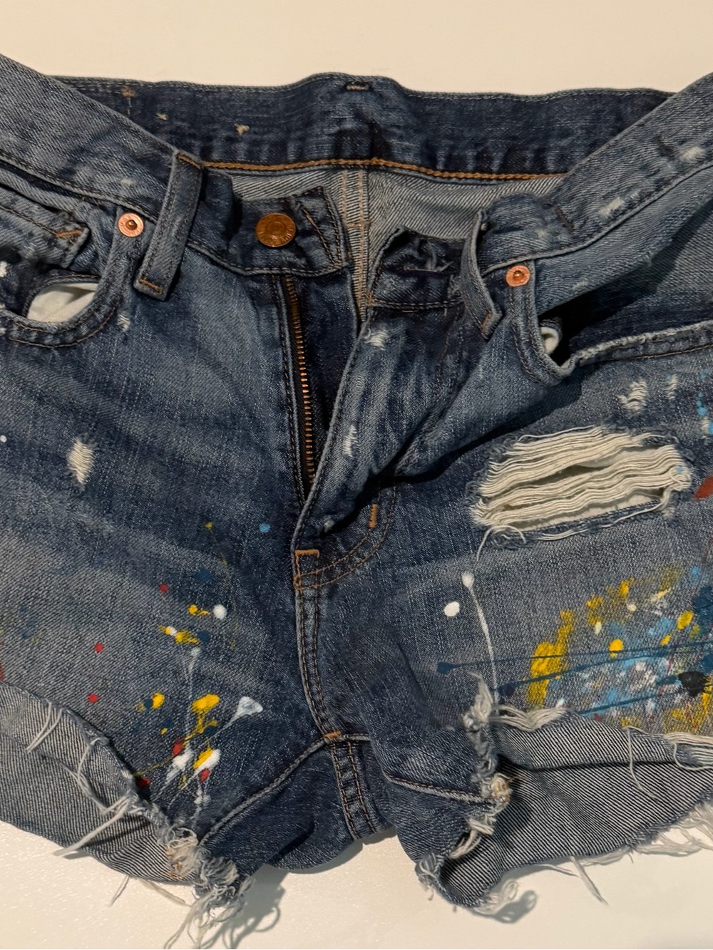 Ralph Lauren Dark Blue Distressed Denim Shorts with Paint Splatter